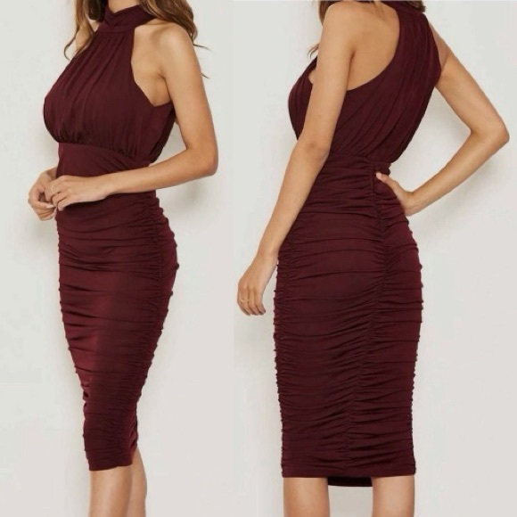 Armani Exchange Plum Burgundy Ruched Halter Midi Dress NWT Size 14 - Picture 13 of 13